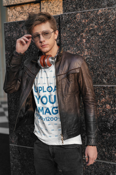 Basic T-Shirt Mockup Featuring a Serious Young Man With Sunglasses