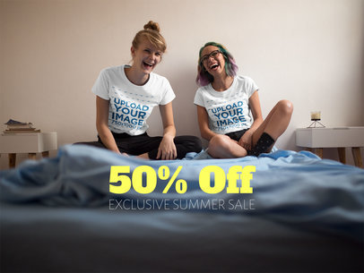 Pair of Girlfriends Laughing While Wearing T-Shirts Mockup in Bed a16410