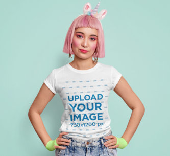 Round-Neck Tee Mockup of a Woman with a Pink Wig and a Unicorn Headband