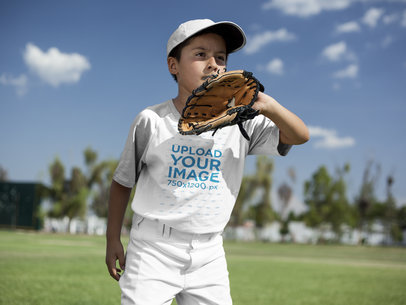 Baseball Uniform Builder - Boy Wearing a Raglan Tee Mockup About to Catch the Ball