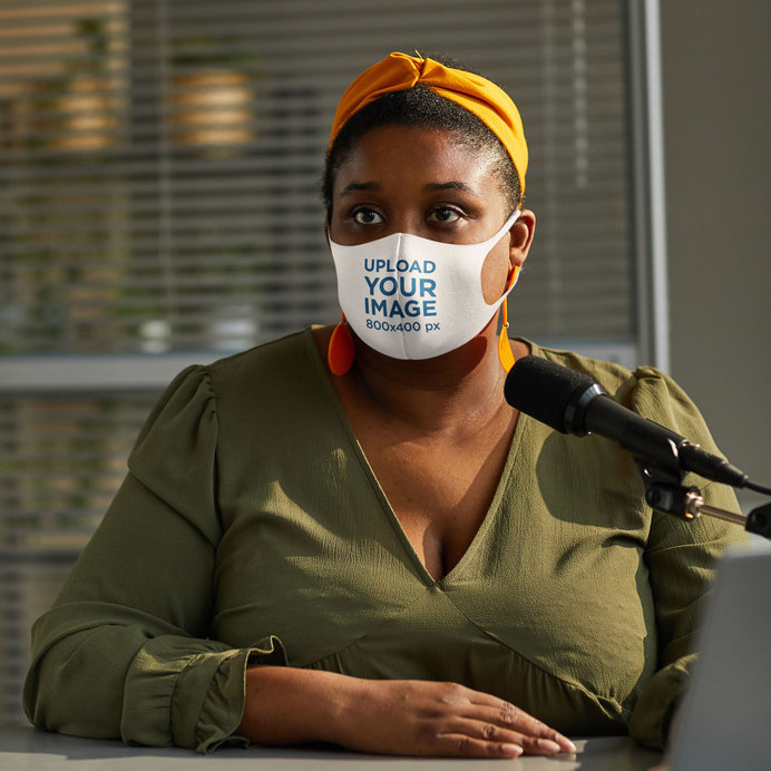 Face Mask Mockup of a Woman Making a Podcast