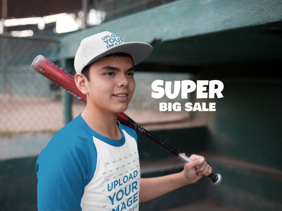 Kid Wearing a Baseball Hat Mockup and Raglan T-Shirt While Holding a Bat