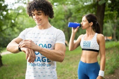 T-Shirt and Sports Bra Mockup of a Man and a Woman Exercising Outdoors