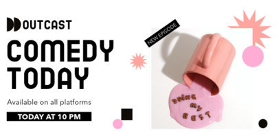 Twitter Post Template for a Funny Podcast Featuring Pictures and Abstract Graphics