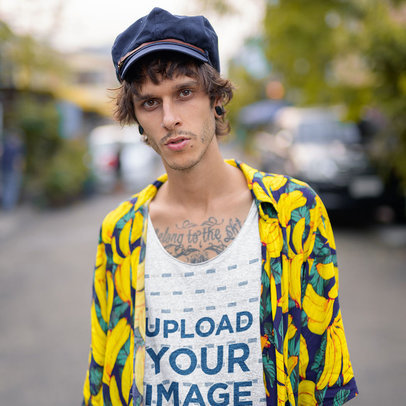 Heathered Tank Top Mockup of a Tattooed Man Wearing a Colorful Overshirt m10212-r-el2