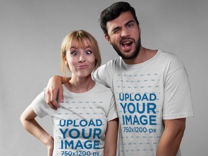 Couple Making Faces While Wearing Round Neck Tees Mockup