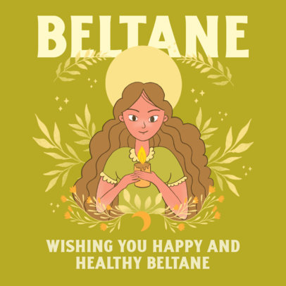 Illustrated Instagram Post Template to Celebrate Beltane Featuring a Woman With a Candle