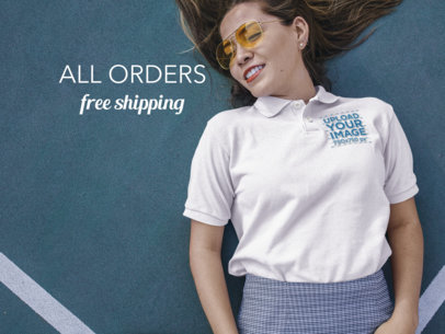 Facebook Ad - Hispanic Woman Lying on a Tennis Court Wearing a Polo Shirt