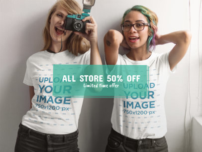 Facebook Ad - Two Girlfriends Wearing T-Shirts While Taking a Photo