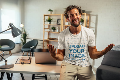 Round-Neck Tee Mockup of a Smiling Man in His Home Office