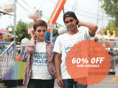 Two Friends Walking Wearing T-Shirts with Their Hands on Their Heads a16451