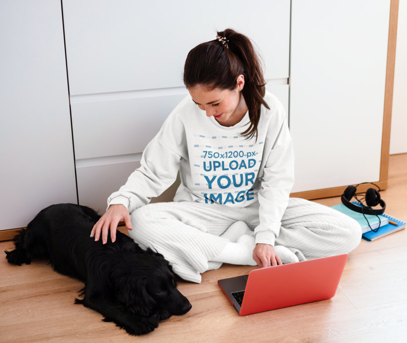 Heathered Sweatshirt Mockup of a Woman Petting Her Dog at Home