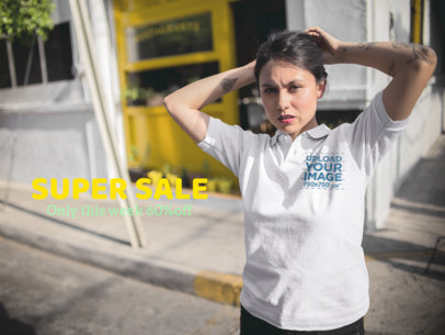 Girl Coming Out of a Hood Restaurant Wearing a Polo Shirt Mockup a15415