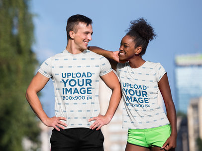 Sublimated T-Shirt Mockup Featuring a Happy Couple Smiling on Their Running Routine
