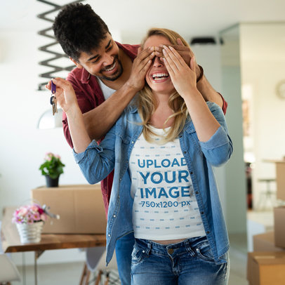 T-Shirt Mockup of a Woman Receiving a Surprise from His Boyfriend 41049-r-el2