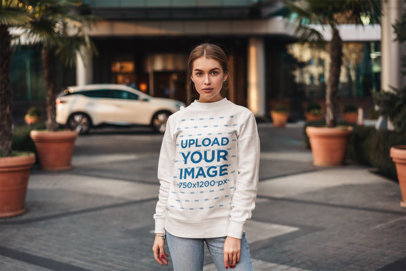 Crewneck Sweatshirt Mockup Featuring a Serious Woman Standing on the Street