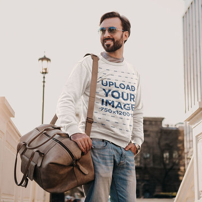 Crewneck Sweatshirt Mockup of a Bearded Man Carrying a Big Duffle Bag