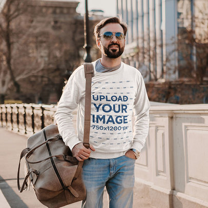 Round-Neck Sweatshirt Mockup of a Bearded Man with Glasses Walking on a Street