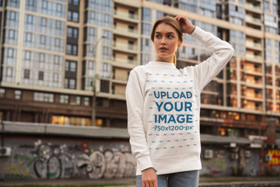 Sweatshirt Mockup Featuring a Woman Posing in the Street With a Serious Look