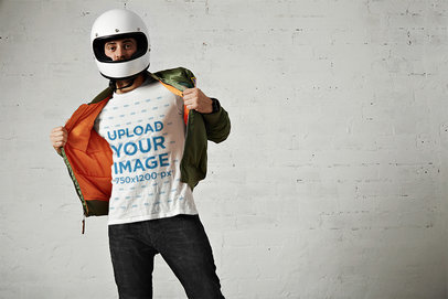T-Shirt Mockup of a Biker Wearing a Helmet