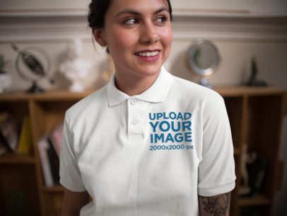 Smiling Hispanic Woman Wearing a Polo Shirt Inside her House