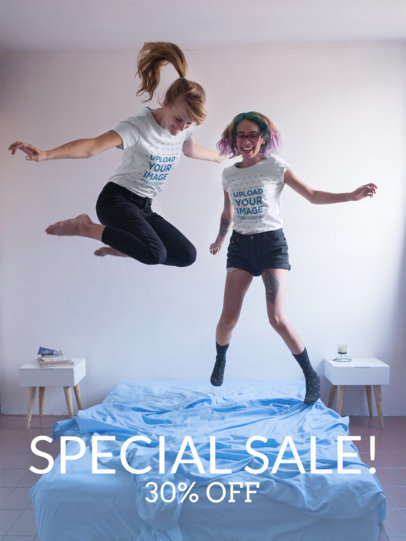 Facebook Ad - Two Women Jumping on the Bed Wearing T-Shirts Mockup