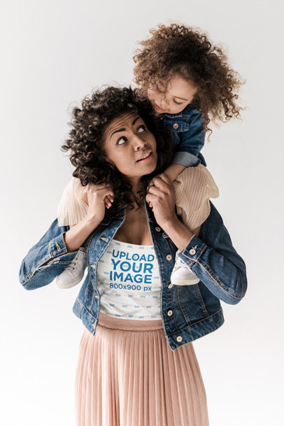 Tee Mockup Featuring a Curly-Haired Woman Carrying Her Daughter on Her Shoulders m6145-r-el2