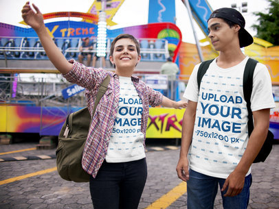 Young Couple Wearing Round Neck T-Shirts While at the Amusement Park a16435