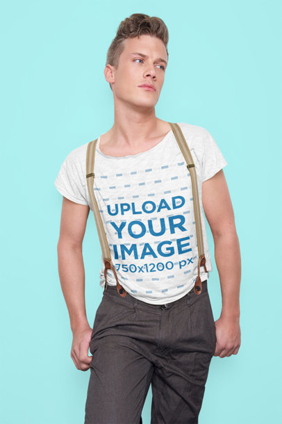 Heather T-Shirt Mockup Featuring a Young Man Wearing Suspenders 