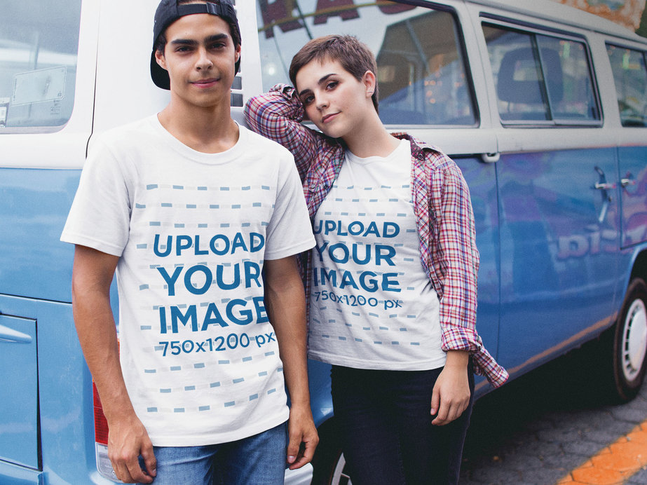 Couple Wearing Different Round Neck Tees Mockup Against a Blue Van