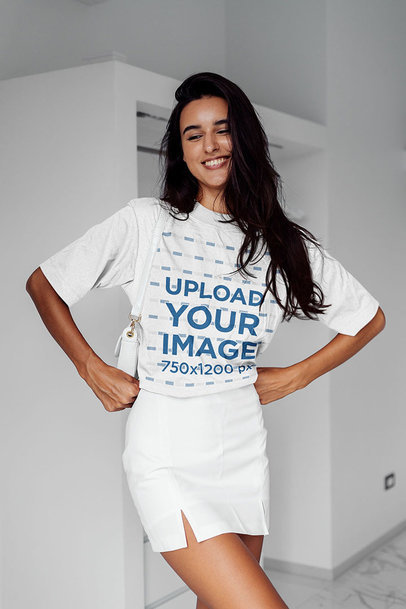 Unisex T-Shirt Mockup of a Happy Long-Haired Woman Posing