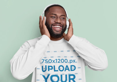 Long Sleeve Tee Mockup of a Bearded Man with Headphones in a Studio