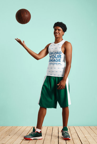 Sublimated Tank Top Mockup Featuring a Smiling Basketball Player