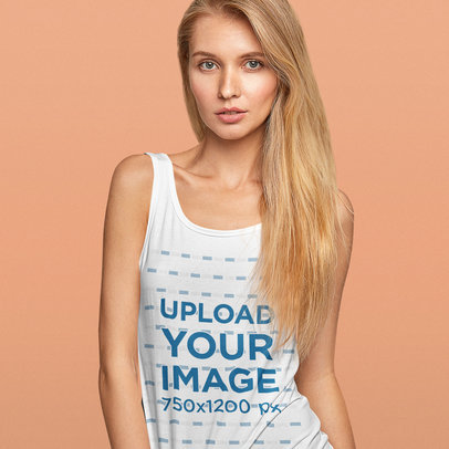 Scoop-Neck Tank Top Mockup Featuring a Woman with Long Hair Posing in a Studio