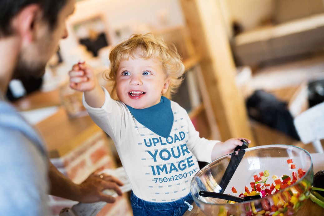 Long Sleeve Tee Mockup of a Toddler Cooking with His Dad