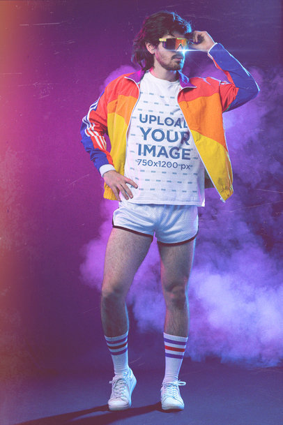 T-Shirt Mockup Featuring a Quirky Man in an 80s Outfit