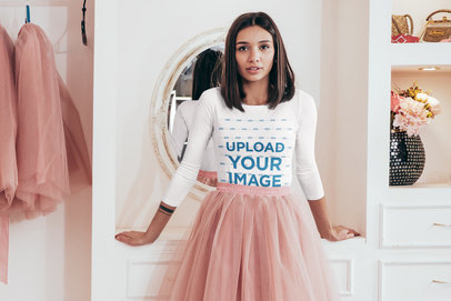 Three-Quarter Sleeve Tee Mockup Featuring a Woman with a Tulle Skirt M11369-r-el2