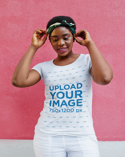 Round-Neck Tee Mockup of a Woman Wearing a Head Band