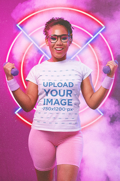 T-Shirt Mockup of a Woman in an 80's Outfit Doing Cardio with Dumbbells