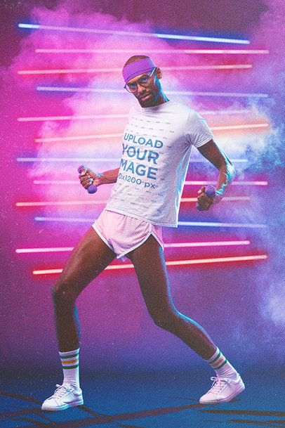 Retro T-Shirt Mockup of a Serious Man Holding Two Dumbbells Against a Neon Background m11194