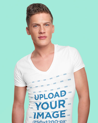 V-Neck T-Shirt Mockup of a Blue-Eyed Man Posing Against a Colorful Background