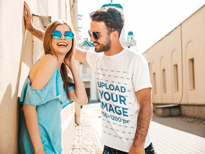 Basic T-Shirt Mockup of a Happy Man Posing With His Girlfriend