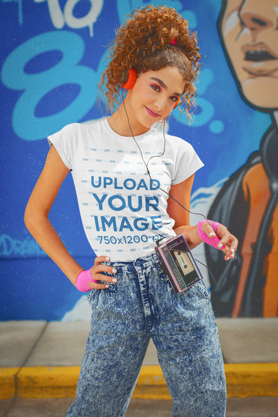 T-Shirt Mockup Featuring a Curly-Haired Woman in a Retro Outfit Listening to Music 