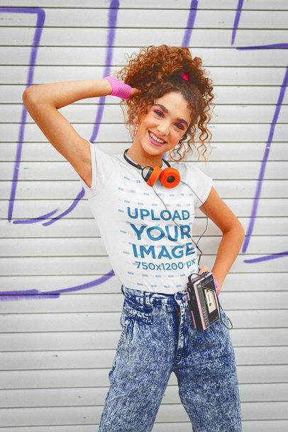 Retro T-Shirt Mockup of a Happy Young Woman With a Walkman 