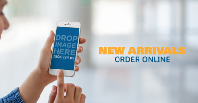 Facebook Ad - Girl Using an iPhone 6 Near Glass Doors a16552