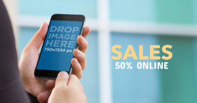 Facebook Ad Mockup of a Business Man Holding an iPhone 7 Outside the Office