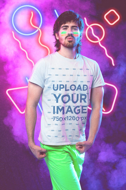T-Shirt Mockup of a Man with a Mullet in an 80's-Themed Setting m11220