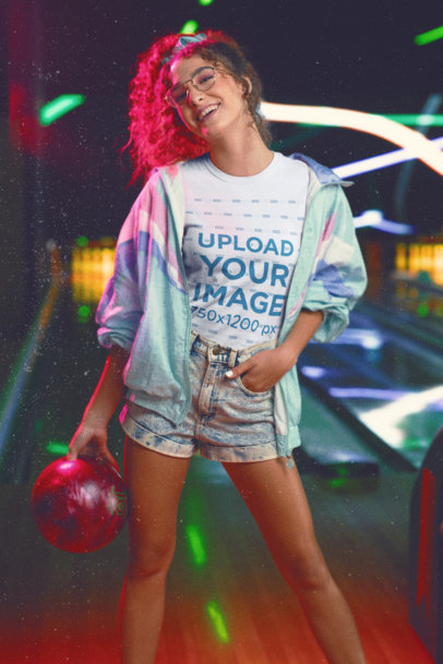 80s-Themed T-Shirt Mockup of a Woman in a Bowling Alley