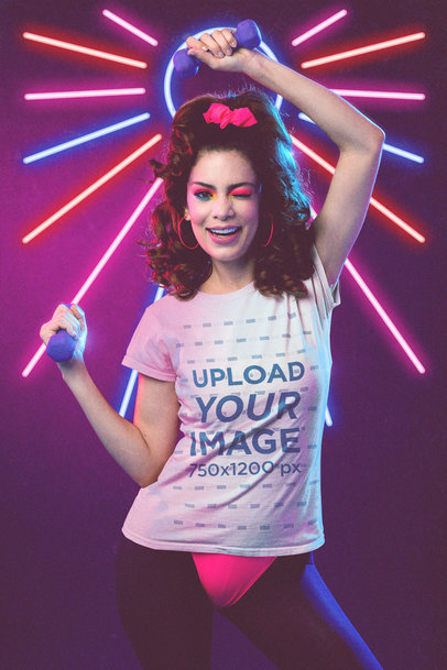80's-Themed Mockup of a Woman Doing an Aerobics Routine with a T-Shirt 