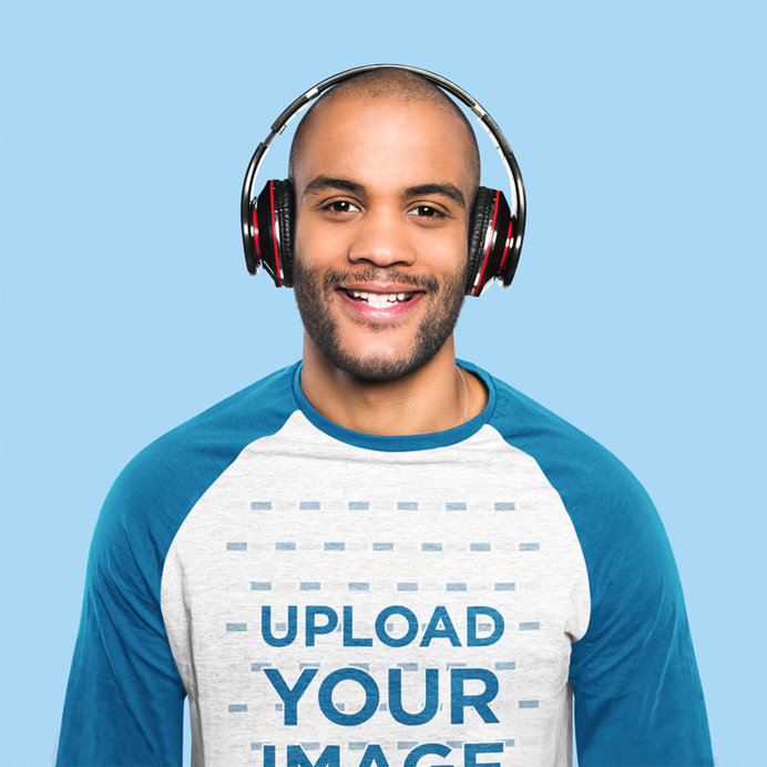 Mockup of a Man with Headphones Wearing a Raglan Heathered T-Shirt